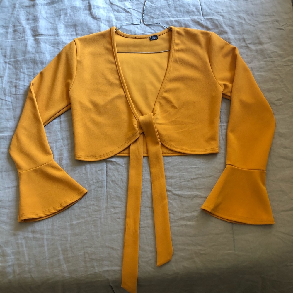 Mustard yellow flare sleeve tie-front crop top